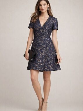 Club Monaco Navy Metallic Jacquard Dress Women’s 6 V-Neck Fit & Flare